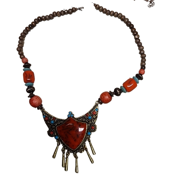Vintage Beaded red and turquoise tribal necklace with large red stone - Picture 3 of 9